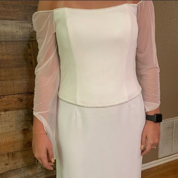 Kathryn LaCroix white nee wedding dress gown beading sheer long sleeves, size 10 - Picture 6 of 13